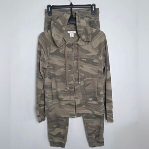 Rachel Zoe Camo Waffle Knit Lounge Set Small | Zip Hoodie + Joggers | Athleisure